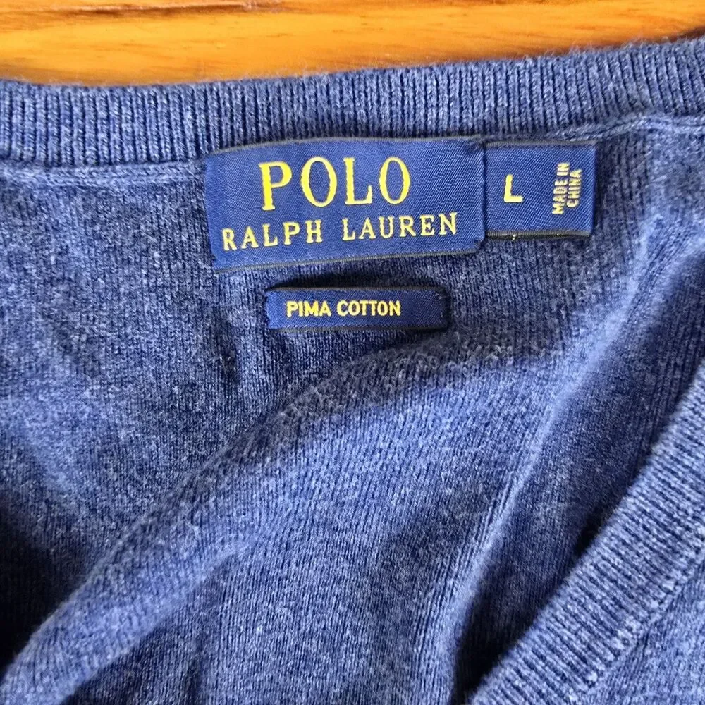 Polo Ralph Lauren Sweater Vest Men Large Blue Soft Pima Cotton Thin Maroon Pony